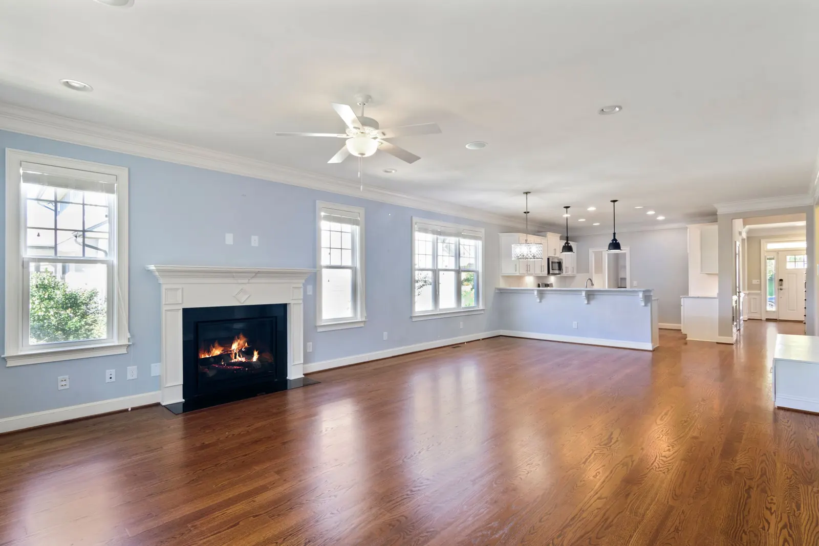 Hardwood floor in front of a fireplace in an Inland Empire living room