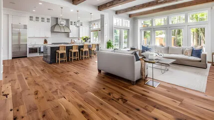 Wide-plank natural oak hardwood flooring in a modern open-concept Inland Empire kitchen and living room