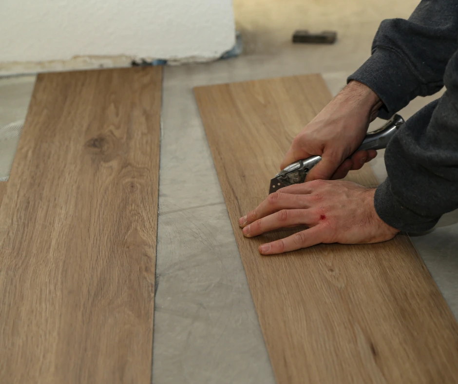 Detail view of luxury vinyl plank seam and texture