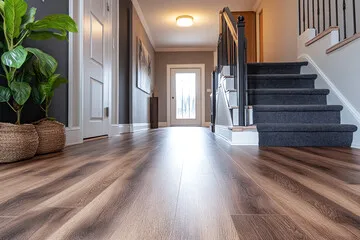 Low-angle perspective view of luxury vinyl plank flooring installed by Monteros in an Inland Empire home