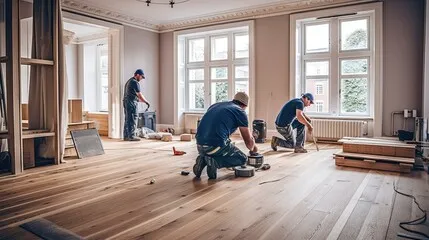 The Monteros crew installing hardwood floors in an Inland Empire home